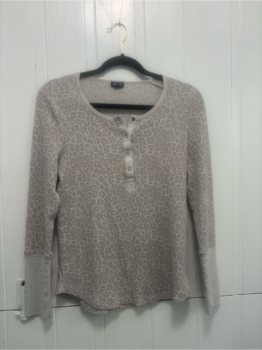 Splendid Taupe Animal-Print Henley Long Sleeve Top